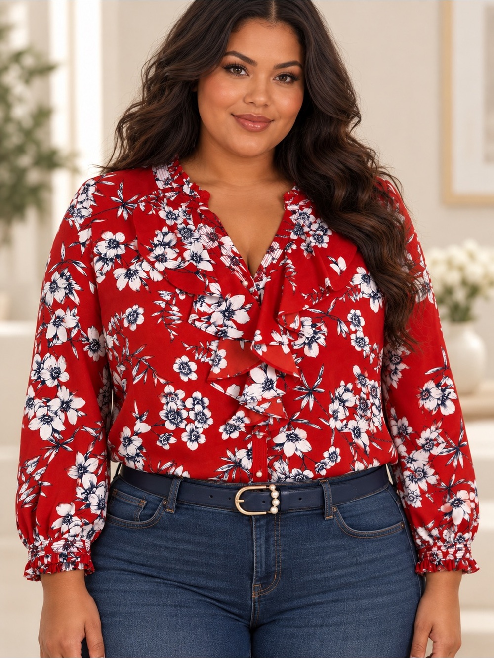 Karl Lagerfeld Paris Red Floral Ruffle Pearl Button Blouse XL